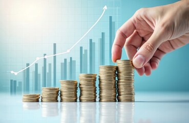 Hand stacks coins on increasing columns with financial graph. Concept of savings investment growth, finance, banking. Money, currency, economy, business profit, success wealth, investment, budget.