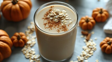 Warm oat milk drink with pumpkin spice and mini pumpkins arranged for autumn enjoyment