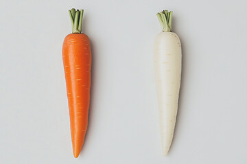 Carrot & White Radish: Freshly harvested carrots and white radish, showcasing a natural beauty and color variation, offering a fresh and healthy concept.