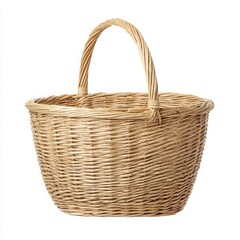 Close up view of a woven basket with a handle against a plain backdrop