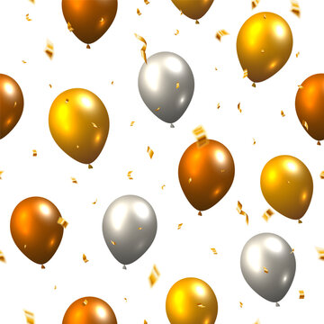Beautiful celebration party seamless vector template with gold, silver and bronze flying balloons and confetti on white background.