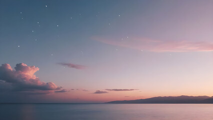 Fototapeta premium Beautiful seascape with stars and pink clouds at sunset