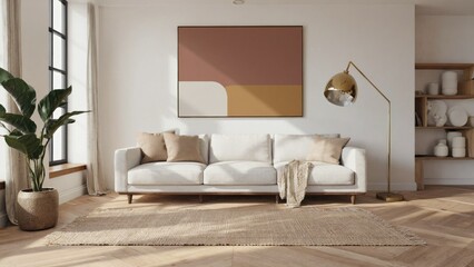 Fototapeta premium A stylish living room with minimalist decor, featuring a large window allowing natural light to fill the space. 
