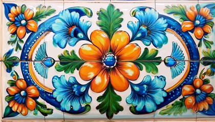 Vibrant Ceramic Tile Design with Hummingbirds and Floral Motifs. AI Generated