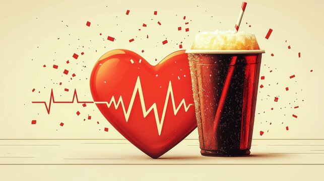Stylized heart and cola cup illustrate the impact of sugary drinks on health