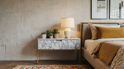 Modern bedroom with a marble table, comfortable couch and ruffled bedding. Plant decor adds a touch of nature to the space.