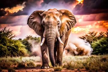 Fototapeta premium Big African elephants with tusks roam the wild savanna in Kenya's national park