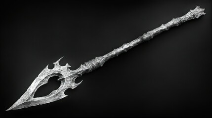 Grim, ornate spear.  Detailed,  silver-grey weapon