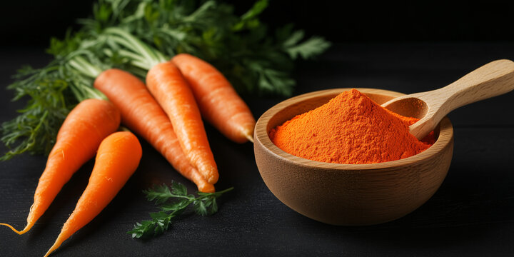 Carrot Powder and Fresh Carrots:  A close-up view of fresh orange carrots with green tops next to a bowl of carrot powder with a wooden spoon, on a black background.