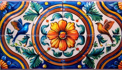 Vibrant Ceramic Tile Design with Hummingbirds and Floral Motifs. AI Generated