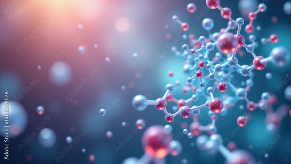 Poster glp1 molecule structure with detailed atomic elements in blue and red colors, representing electron 