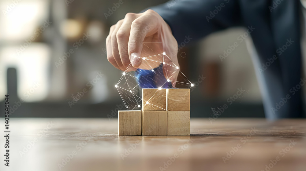 Poster hand arranging wooden blocks with digital network connections in a brightly lit office setting on a 