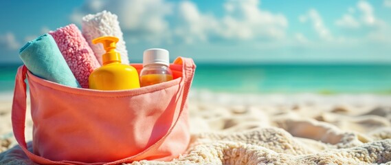 Open Bag with Towel Sunblock Drink