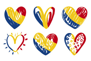 Romania heart shape grunge flag icons set. Flag heart shaped brush strokes for national Day of Romania. Independence day grungy Romania heart flag icon set isolated on white background