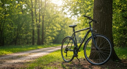 Fototapeta premium Bicycle parked by tree trunk in sunny woods invites for nature ride and outdoor adventure, perfect for exploring trails, promoting ecotourism and healthy lifestyle.