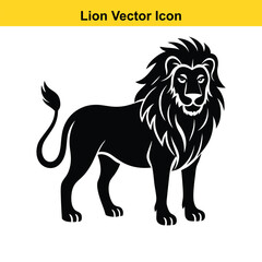 Lion vector illustration, a wild animal with a black silhouette and mane, like a drawing of a powerful mammal.