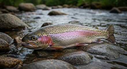 Rainbow trout fish lying by stream, on river stones, freshwater habitat, sport fishing, angling, nature conservation, for fish market promotion, restaurant ads