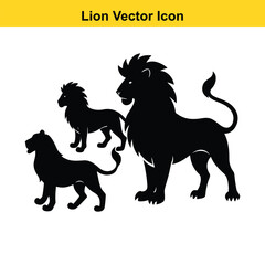 Lion vector illustration, a wild animal with a black silhouette and mane, like a drawing of a powerful mammal.