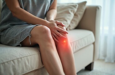 Fototapeta premium Woman sits on sofa, massages painful knee. Red highlight on leg knee indicates pain, injury. Health care problem. Thrombophlebitis, varicose veins, leg pain. Healthcare treatment concept.