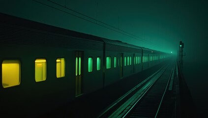 Obraz premium Night Train Journey Through Fog: A Mystical Railroad Scene