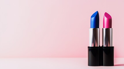Blue and pink lipsticks on pastel background