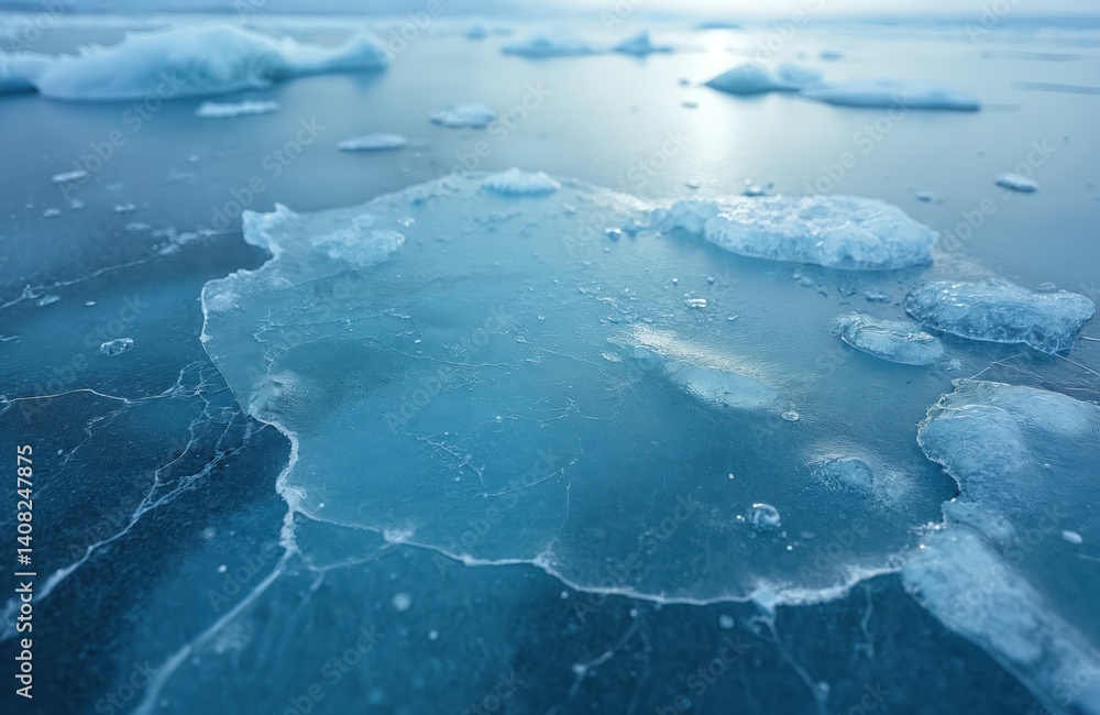 Poster Abstract illustration of frozen lake icy surface. Blue ice pattern, textured background with rough cracks. Winter landscape with cold water texture. Artistic render of natural abstract structure in
