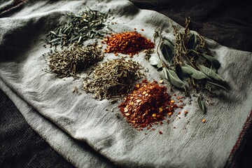 Assortment of aromatic herbs and spices artfully arranged on textured linen cloth.