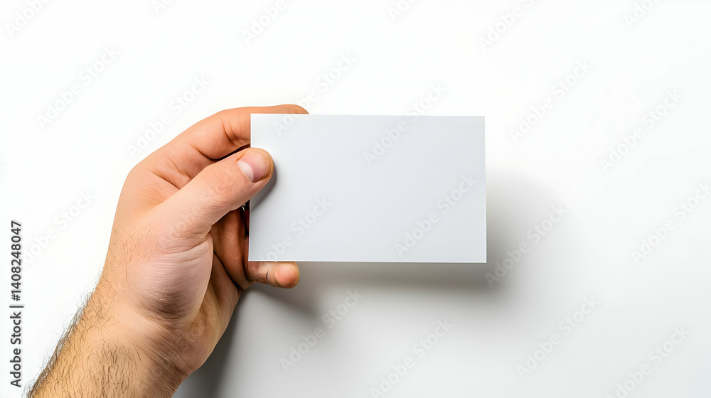 Poster a male hand holds a blank white rectangular card against a white backdrop in a studio setting