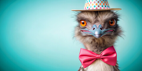 An ostrich is dressed in a polka-dotted party hat and a vibrant pink bow tie, showcasing a playful spirit. The bright blue background adds a cheerful atmosphere to this festive moment
