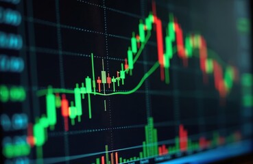 Fototapeta premium Financial market trading chart with various indicators analysis on computer screen. Technical indicators represent trade market data. Economic, financial, investment, business, success concepts.