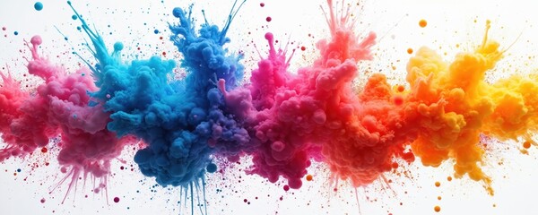 Abstract colorful splashes on white background. Generative AI illustration with paint powder explosion effect. Artistic blend of colors like blue, pink, orange, yellow. Modern design element,