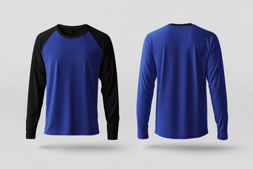Featuring a royal blue long-sleeve t-shirt in a mockup design, this display highlights both front and back views, perfect for showcasing apparel designs in a realistic manner
