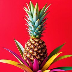Fototapeta premium Vibrant pineapple with colorful leaves against a bold red backdrop, summer vibes, poster, bold
