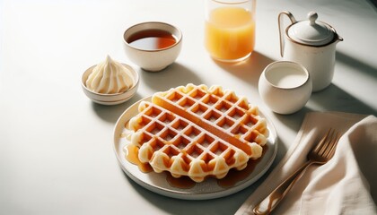 Delicious Steamy Waffles on a Decorated Platter - Crunchy Waffles in American Style coated in Maple Syrup or Butter with Fruits - Decorated Breakfast Table with Milk, Flowers or Fruit