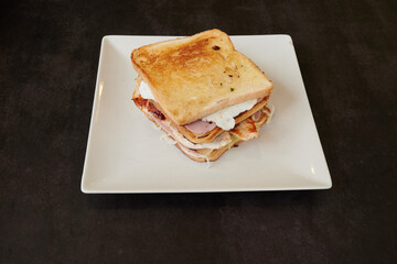 A sandwich is on a white plate. The sandwich is made of ham and cheese