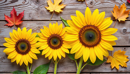 Obraz premium Cheerful sunflowers arranged on weathered wood with autumn leaves, fall vibe