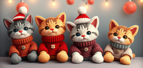 Fototapeta premium Four adorable kittens in colorful knitted sweaters and festive hats gather together against a warm background filled with string lights, embodying a cheerful winter spirit