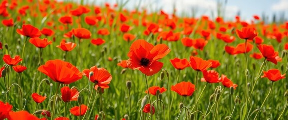 Fototapeta premium Vibrant red poppies scattered across a sun-drenched summer meadow, summer, field, botany