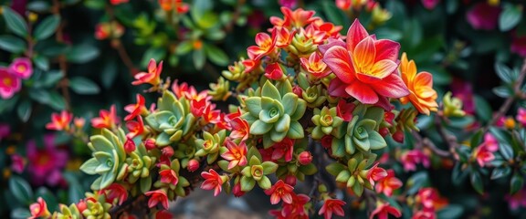 Obraz premium Vibrant succulent branches, colorful blooms, lush foliage, nature's beauty, succulents, macro, stems