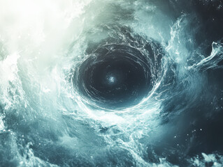 Swirling blue ocean with a dark hole in the middle. The water is choppy and the sky is cloudy