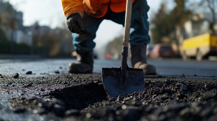 Road worker fixing a pothole on a busy street. Featuring problem-solving and team effort