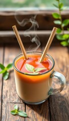 A steaming cup of herbal tea with two bamboo straws rests on a rustic wooden surface, still life, hot drink, zen