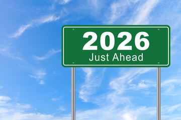 The new year 2026 or straightforward concept. number 2026 written on the road sign in forest. planning and challenge, business strategy, opportunity, hope, exit, and new life.