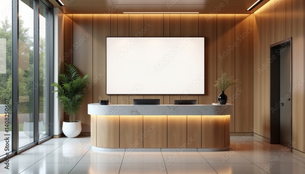 Poster modern office reception area with large blank screen