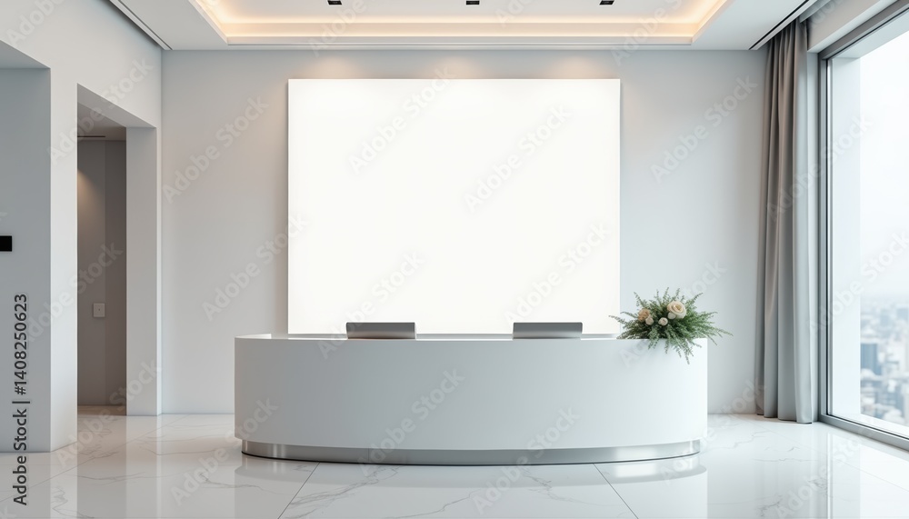 Poster modern reception desk design in a bright office space