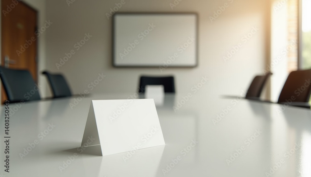 Poster empty conference table with blank nameplate in modern office