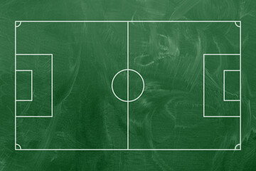 Football or soccer field isolated on blackboard texture with chalk rubbed background from top view. Sport infographics element