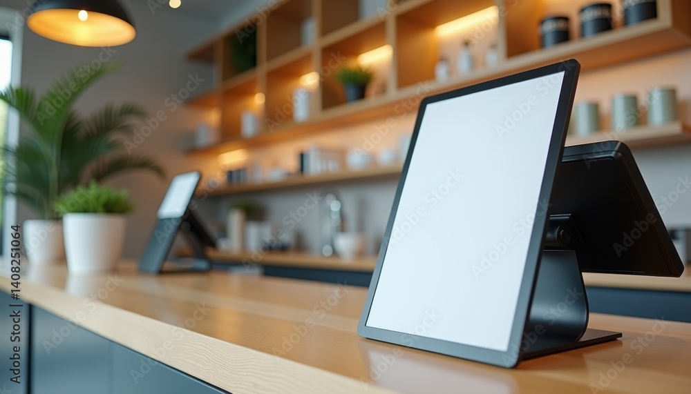 Aufkleber modern digital tablet on a counter in a stylish cafe