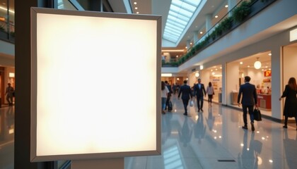 Obraz premium Shopping mall interior with people walking past a blank sign 