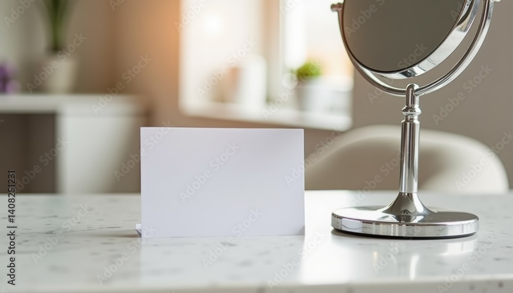 Poster Blank card displayed on a vanity table with a mirror  